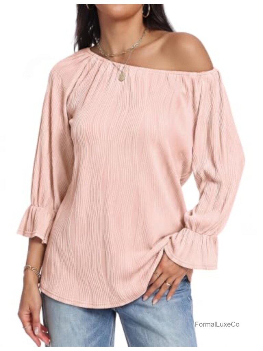 Women's 3/4 Puff Sleeve Off Shoulder Top, Boat Neck Blouse
